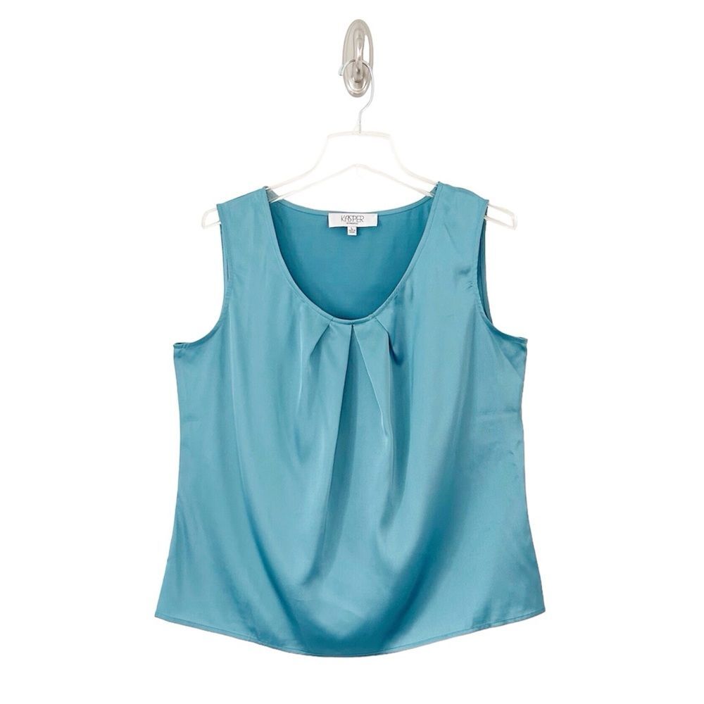 Kasper Women’s Blue Green Sleeveless Pleated Scoop Neck Tank Size L